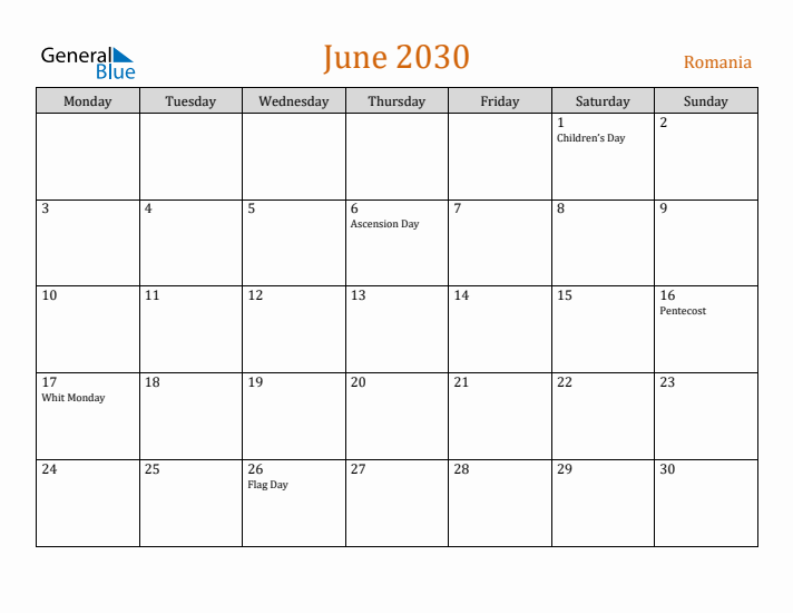 June 2030 Holiday Calendar with Monday Start