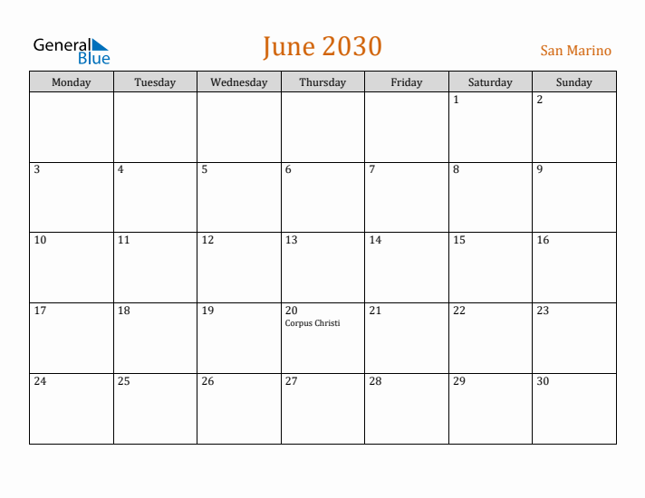 June 2030 Holiday Calendar with Monday Start