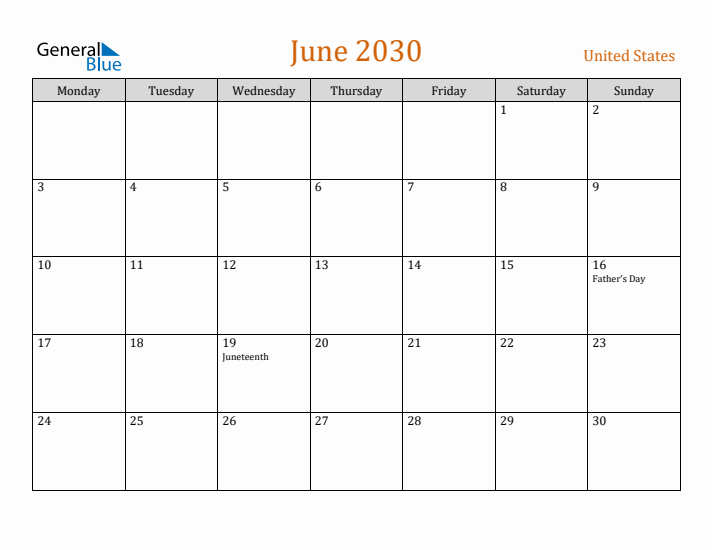 June 2030 Holiday Calendar with Monday Start