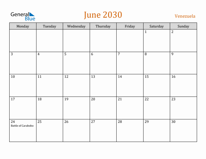 June 2030 Holiday Calendar with Monday Start