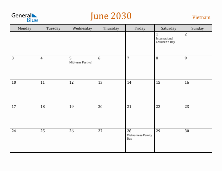 June 2030 Holiday Calendar with Monday Start