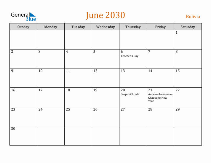 June 2030 Holiday Calendar with Sunday Start