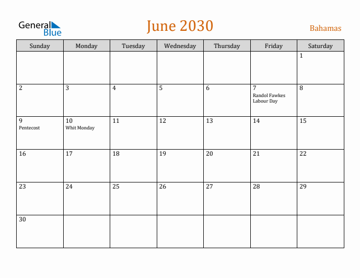 June 2030 Holiday Calendar with Sunday Start