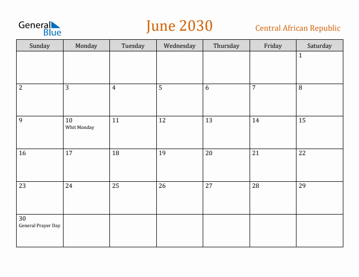 June 2030 Holiday Calendar with Sunday Start