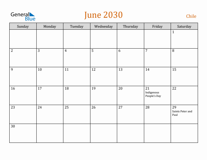 June 2030 Holiday Calendar with Sunday Start