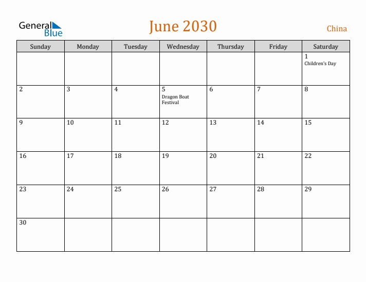 June 2030 Holiday Calendar with Sunday Start