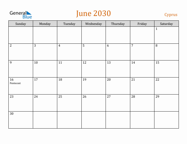 June 2030 Holiday Calendar with Sunday Start