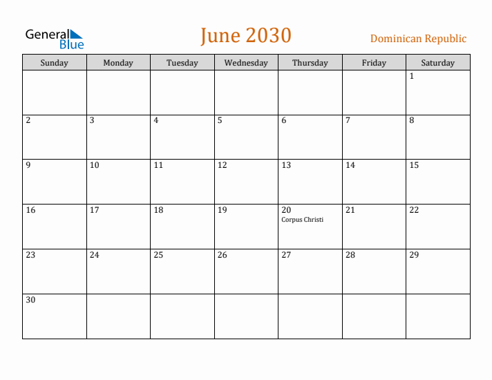 June 2030 Holiday Calendar with Sunday Start