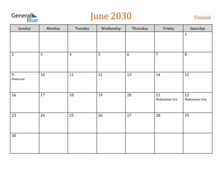 June 2030 Holiday Calendar with Sunday Start