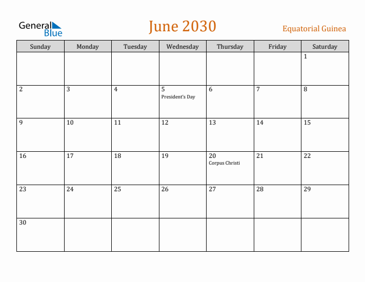 June 2030 Holiday Calendar with Sunday Start