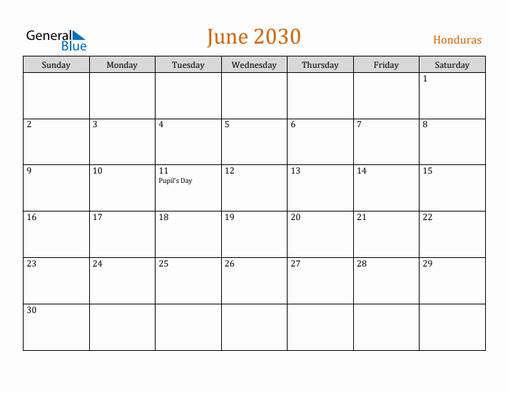 June 2030 Holiday Calendar with Sunday Start