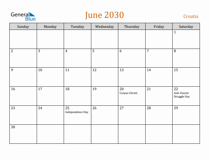 June 2030 Holiday Calendar with Sunday Start