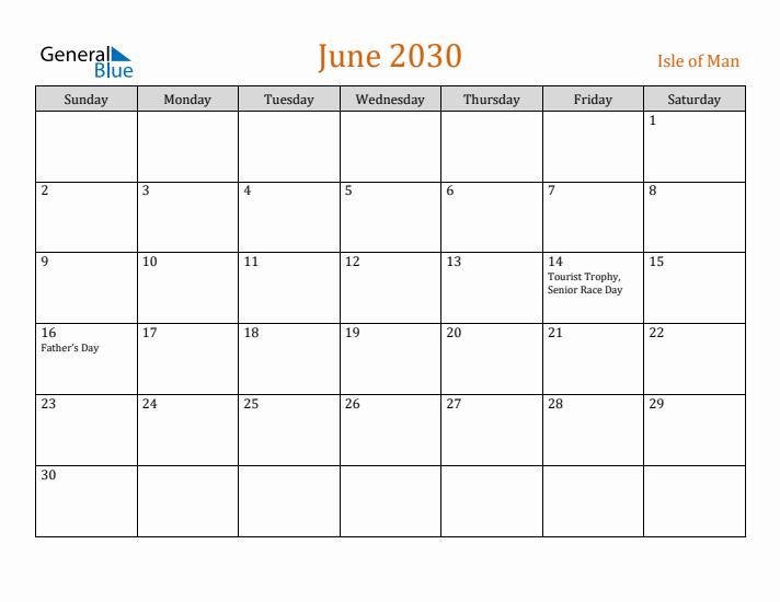 June 2030 Holiday Calendar with Sunday Start