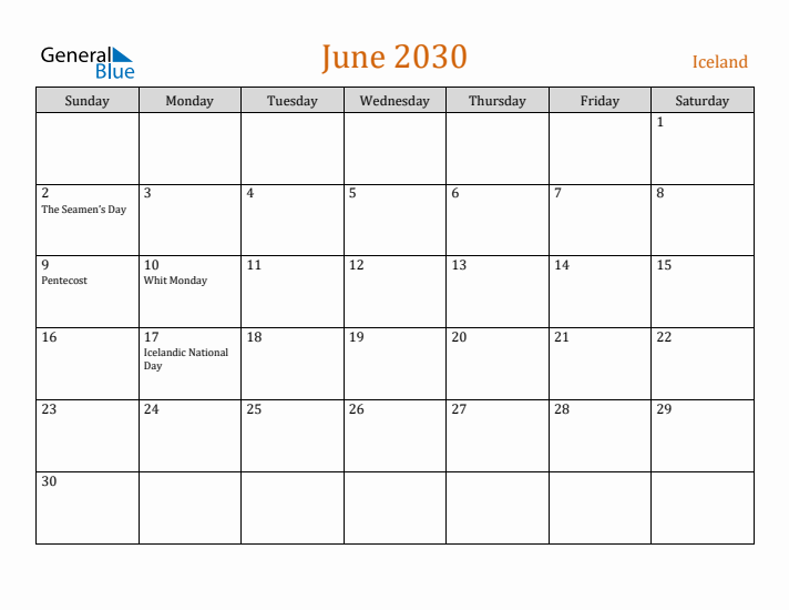 June 2030 Holiday Calendar with Sunday Start