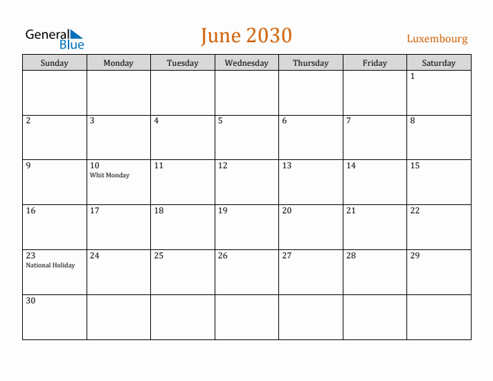 June 2030 Holiday Calendar with Sunday Start