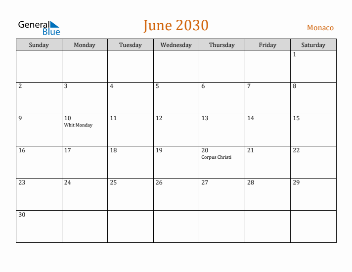 June 2030 Holiday Calendar with Sunday Start