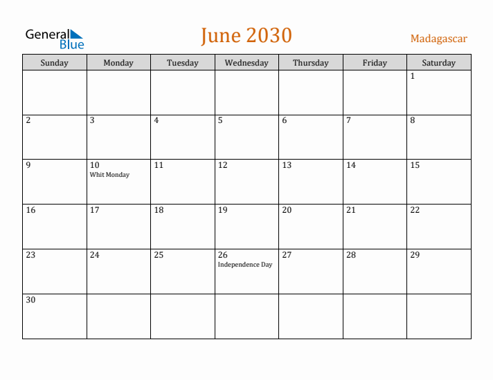 June 2030 Holiday Calendar with Sunday Start