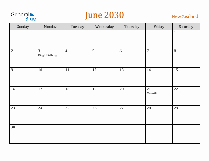 June 2030 Holiday Calendar with Sunday Start