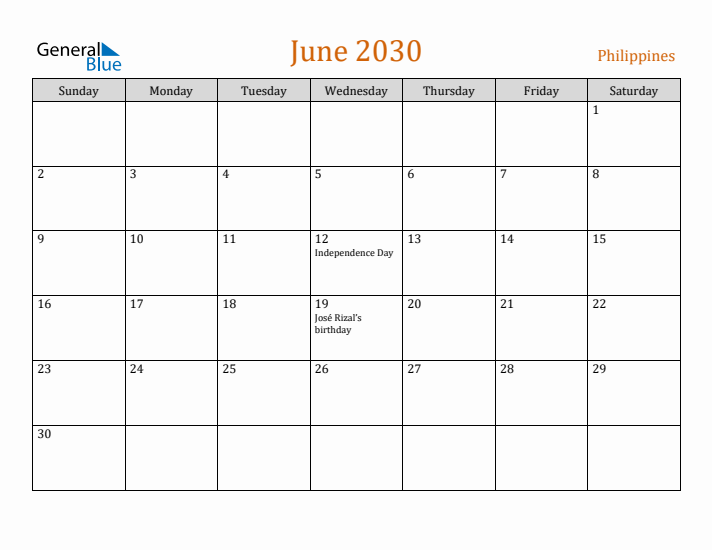 June 2030 Holiday Calendar with Sunday Start