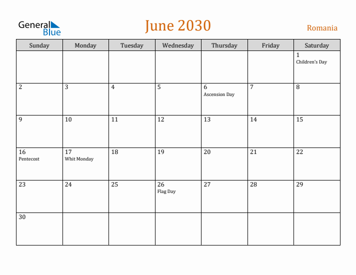 June 2030 Holiday Calendar with Sunday Start