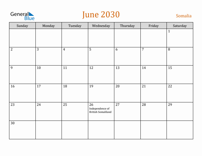 June 2030 Holiday Calendar with Sunday Start