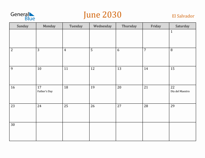 June 2030 Holiday Calendar with Sunday Start