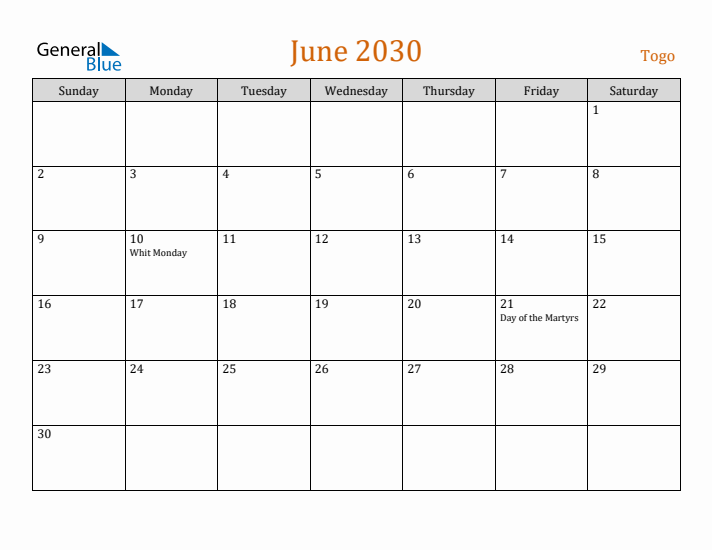 June 2030 Holiday Calendar with Sunday Start