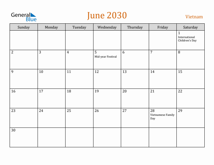 June 2030 Holiday Calendar with Sunday Start