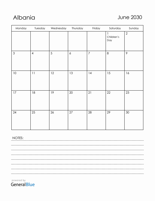 June 2030 Albania Calendar with Holidays (Monday Start)