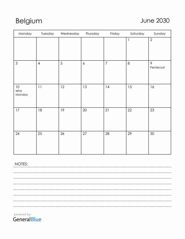 June 2030 Belgium Calendar with Holidays (Monday Start)