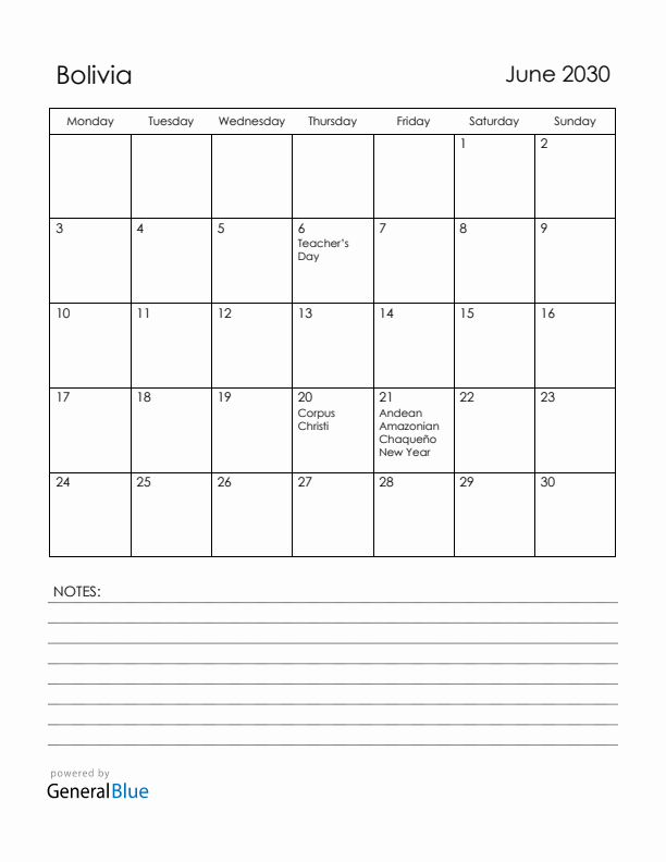 June 2030 Bolivia Calendar with Holidays (Monday Start)