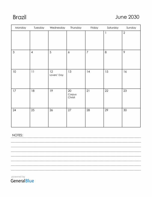 June 2030 Brazil Calendar with Holidays (Monday Start)