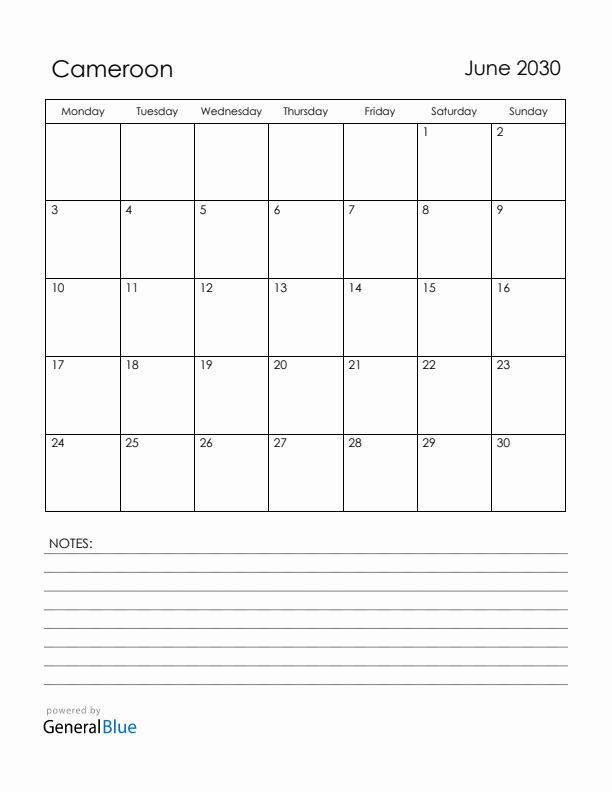 June 2030 Cameroon Calendar with Holidays (Monday Start)