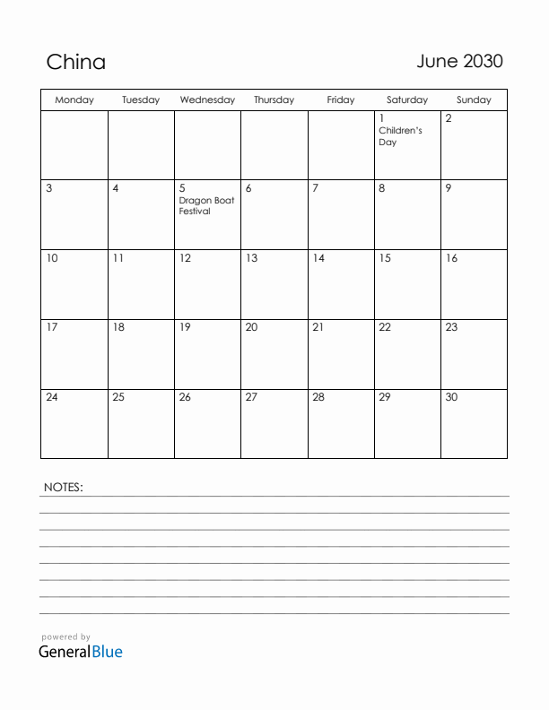 June 2030 China Calendar with Holidays (Monday Start)