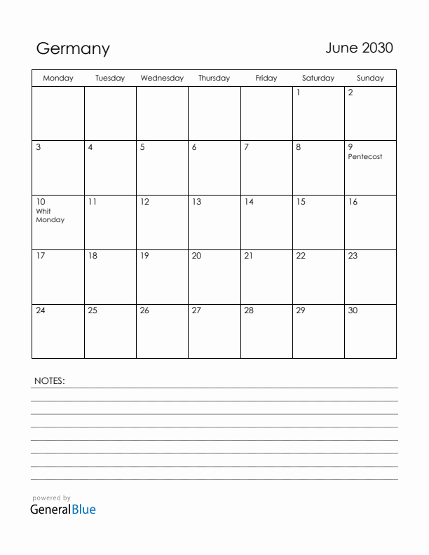 June 2030 Germany Calendar with Holidays (Monday Start)