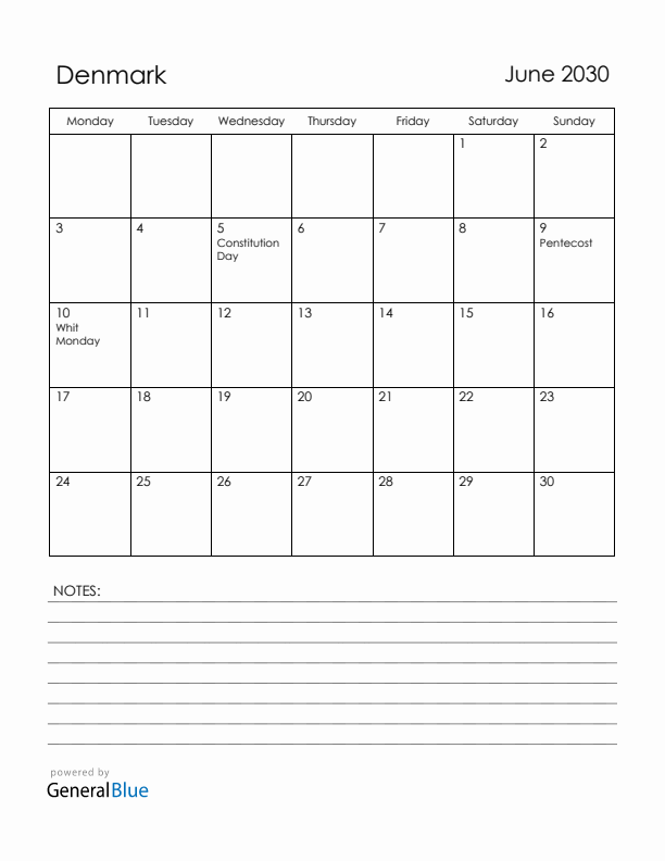June 2030 Denmark Calendar with Holidays (Monday Start)