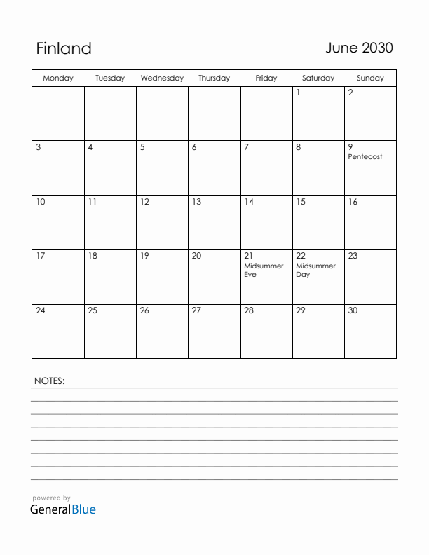 June 2030 Finland Calendar with Holidays (Monday Start)