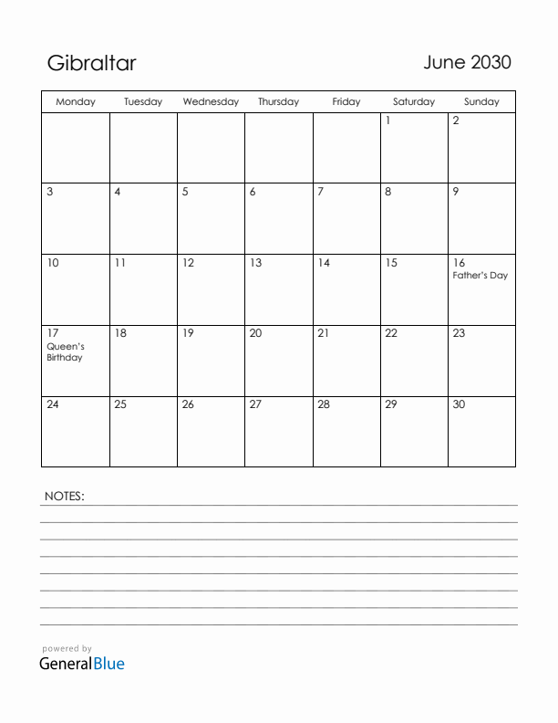 June 2030 Gibraltar Calendar with Holidays (Monday Start)