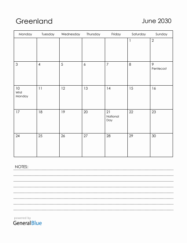 June 2030 Greenland Calendar with Holidays (Monday Start)