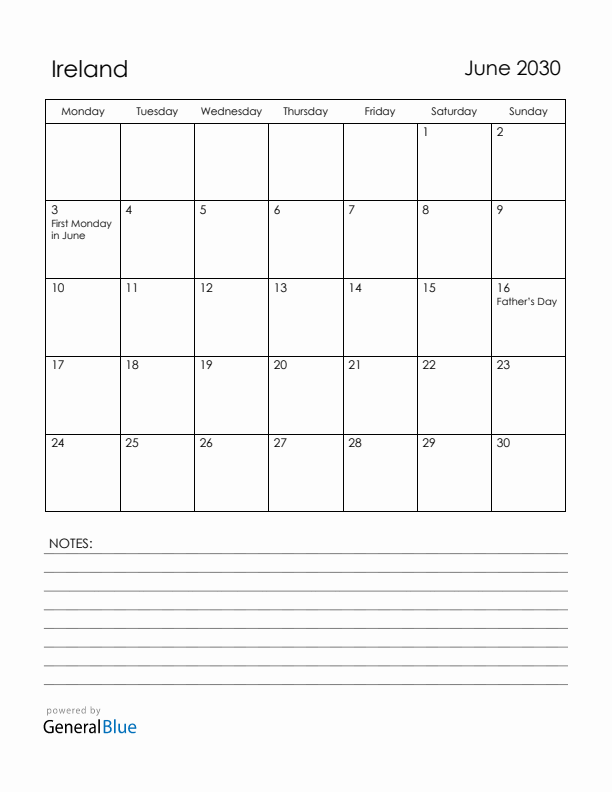 June 2030 Ireland Calendar with Holidays (Monday Start)