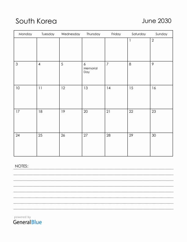 June 2030 South Korea Calendar with Holidays (Monday Start)