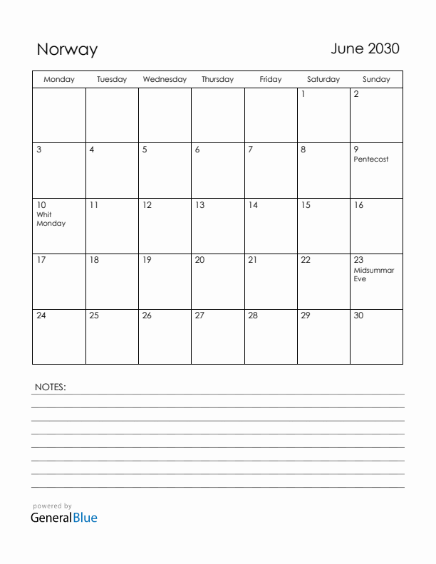 June 2030 Norway Calendar with Holidays (Monday Start)