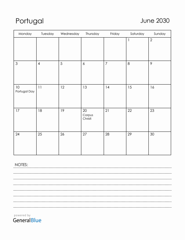 June 2030 Portugal Calendar with Holidays (Monday Start)
