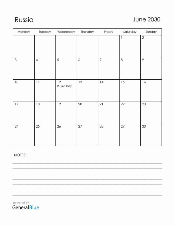 June 2030 Russia Calendar with Holidays (Monday Start)