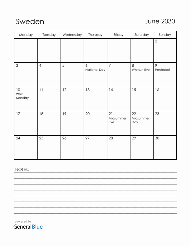 June 2030 Sweden Calendar with Holidays (Monday Start)