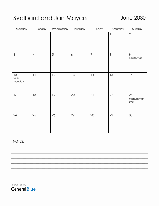 June 2030 Svalbard and Jan Mayen Calendar with Holidays (Monday Start)