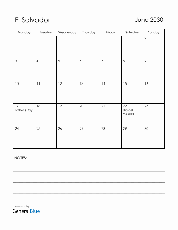 June 2030 El Salvador Calendar with Holidays (Monday Start)