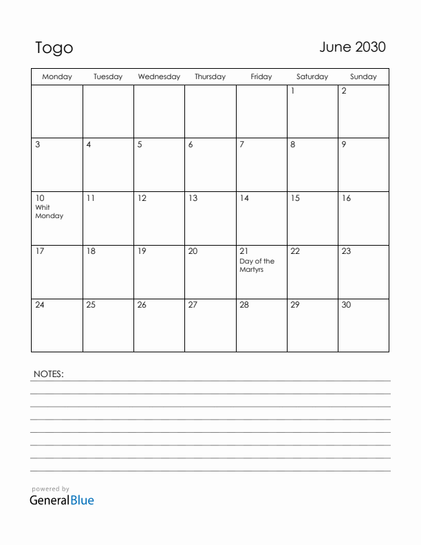 June 2030 Togo Calendar with Holidays (Monday Start)