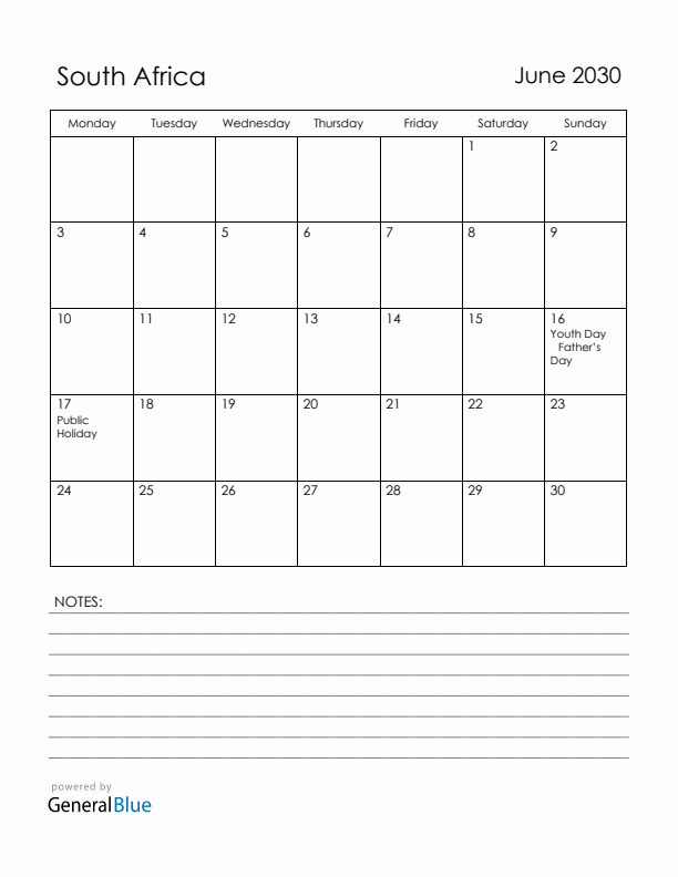 June 2030 South Africa Calendar with Holidays (Monday Start)