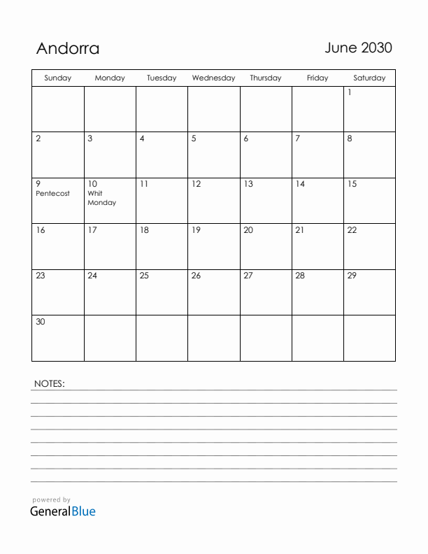 June 2030 Andorra Calendar with Holidays (Sunday Start)